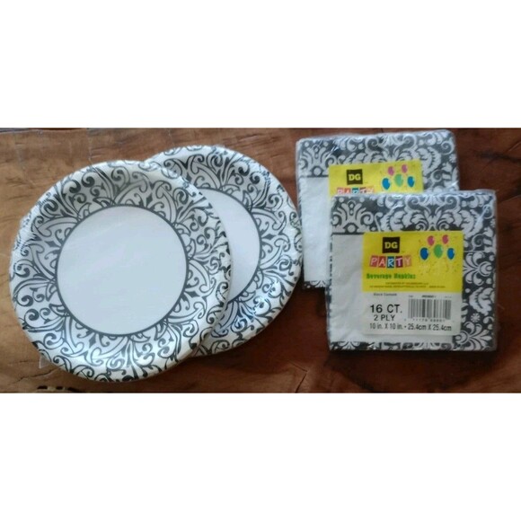 Black & White Damask Paper Napkin Set & Matching Paper Plate Bundle 4 Pkgs New - Picture 4 of 6